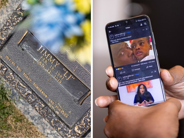 Side by side of Jimmy Atchison's grave and his father holding a photo on his phone of Jimmy as a child.
