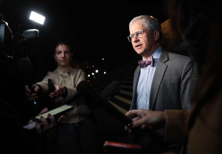 Rep. Patrick McHenry speaks to members of the media as he leaves the Capitol.