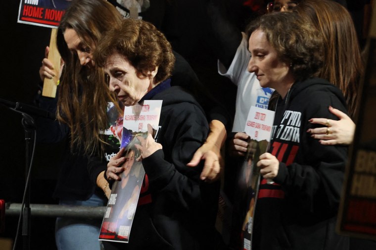 Irena Tati, left, and her daughter Yelena Trupanov at a demonstration in Tel Aviv on Saturday for the release of Israeli hostages held in Gaza.