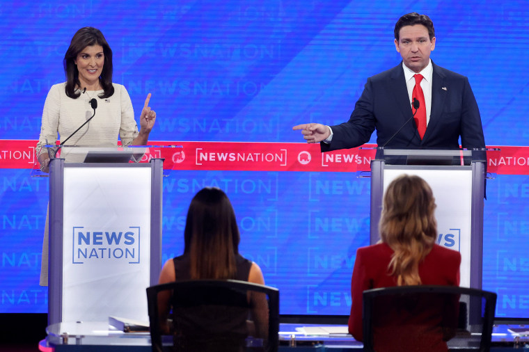 Nikki Haley, left, and Ron DeSantis at the NewsNation Republican Presidential Primary Debate in Tuscaloosa, Ala.