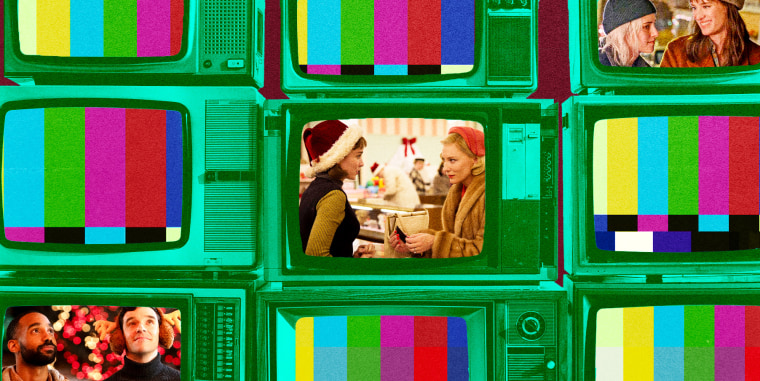 TV screens showing "Single All the Way," "Carol," and "Happiest Season"