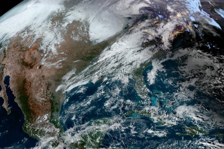 A satellite map of the weather clouds over the United States.