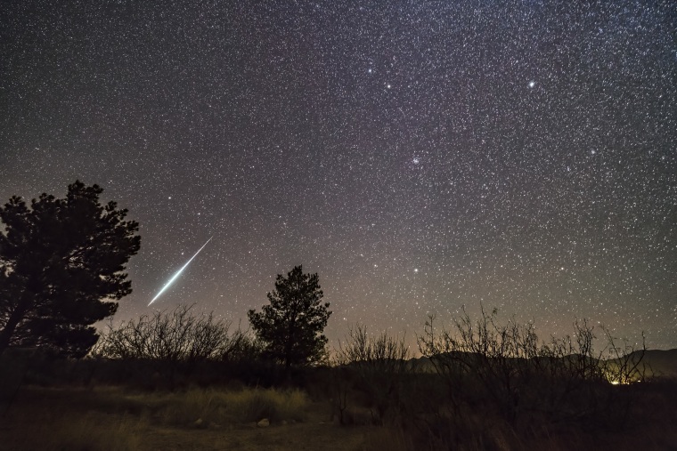 A meteor from the Geminids meteor shower seen in Portal, Ariz., in 2017.