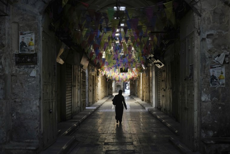 Closed shops in the West Bank city of Nablus during the observance of a global day of boycotts and strikes called for by pro-Palestinian activists to demand a cease-fire in Gaza, Monday, Dec. 11, 2023.