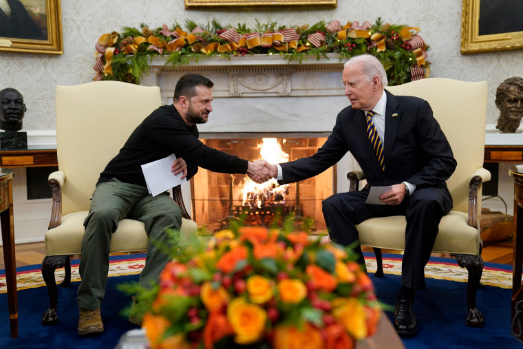 President Joe Biden shakes hands with Ukrainian President Volodymyr Zelenskyy.