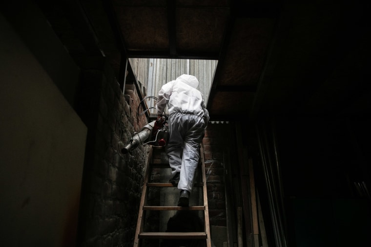A person in protective covering exits a basement.