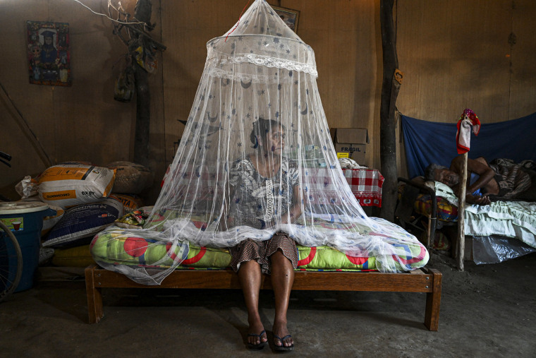 A woman sits on a bed in a mosquito net.