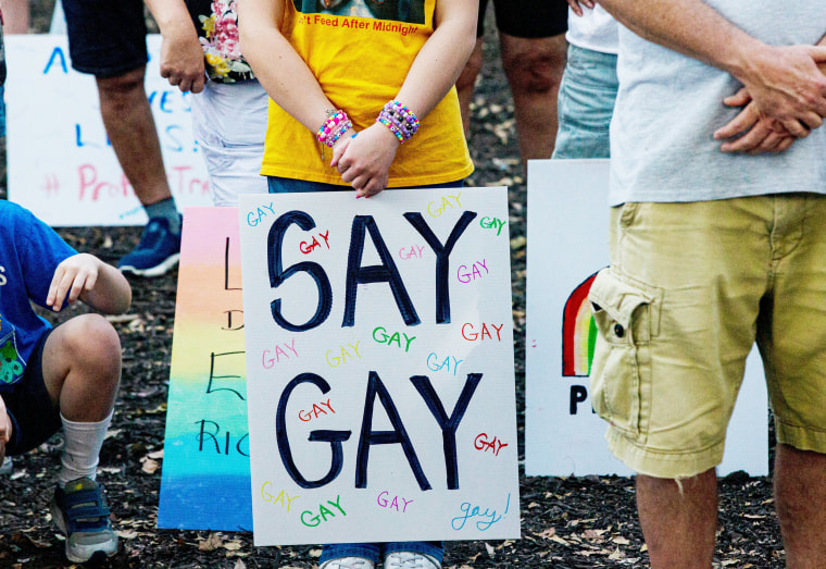 A "Say Gay" sign at a protest in Naples, Fla., in March 2023.