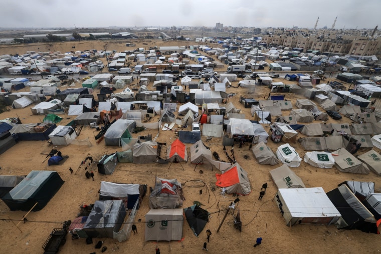 Tents and makeshift shelters at a camp for displaced Palestinians in Rafah, in the southern Gaza Strip on Dec. 13, 2023.
