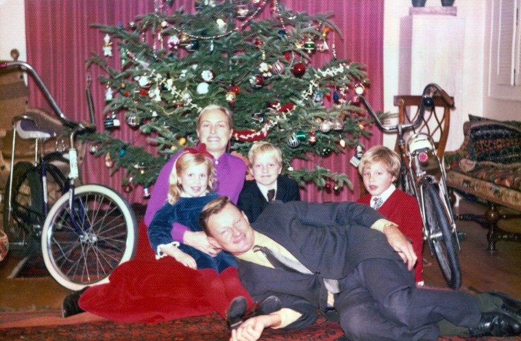 Two brothers are helping to decorate the Christmas tree with red