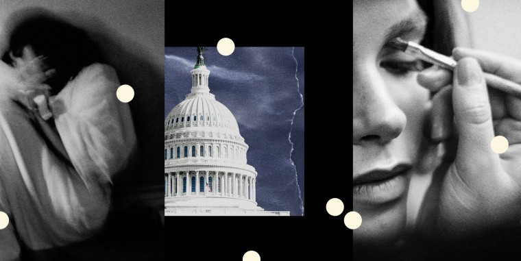 Photo Illustration: A domestic abuse victim, the U.S. capitol, a woman getting her makeup dnoe