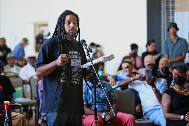 Christian Flagg, 33, speaks during the California Reparations Task Force meeting to hear public input in Los Angeles on Sept. 22, 2022. 