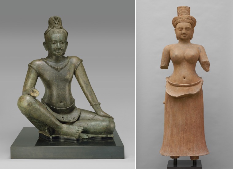 "The Bodhisattva Avalokiteshvara Seated in Royal Ease" and a 10th century goddess sandstone statue from Koh Ker, Cambodia.
