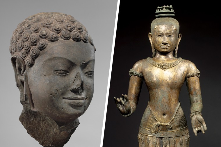 A 7th century sculpture titled "Head of Buddha" and a bronze sculpture titled "Standing Shiva" are among the 16 artworks that the Metropolitan Museum said it will return to Cambodia and Thailand.