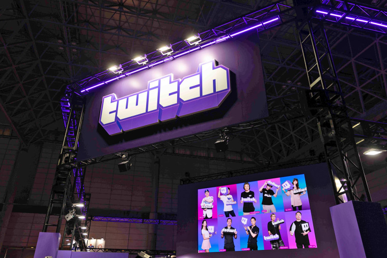 Online streaming Platform Twitch branding seen at the Tokyo