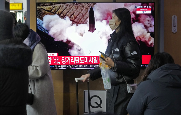File footage of a North Korean missile launch is broadcast during a news program at the Seoul Railway Station in Seoul, South Korea, on Monday. 