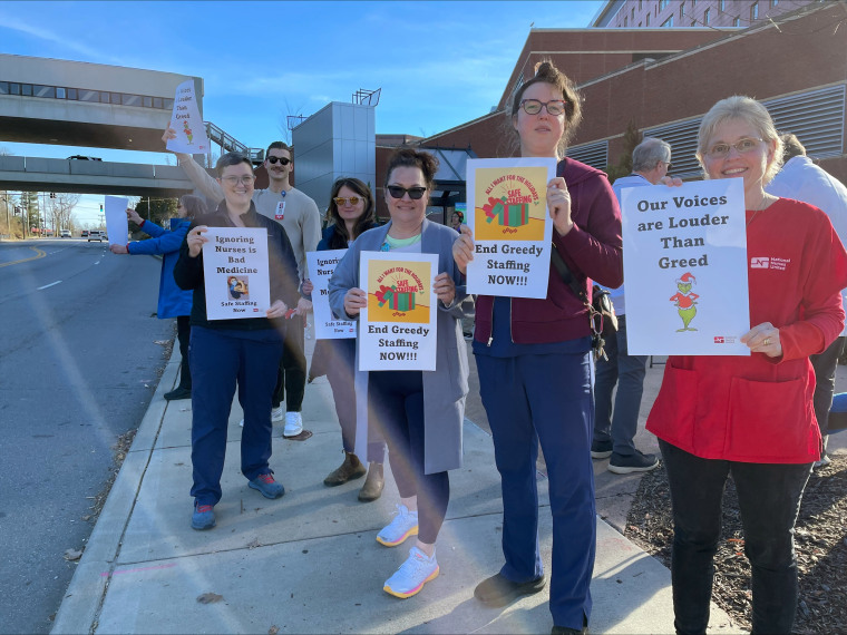 Nurses at Mission Hospital in Asheville, N.C., protest low staffing levels on Dec. 13.