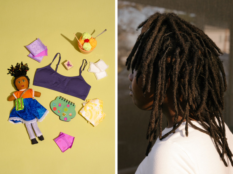 Left: Photo illustration of various childhood, girlhood and puberty items including hair bobbles, scrunchies, a doll etc.