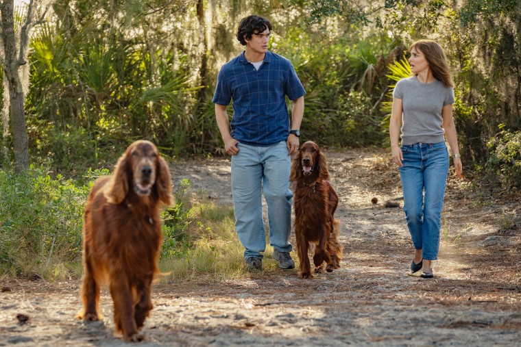Charles Melton as Joe and Natalie Portman as Elizabeth Berry walking with dogs. 