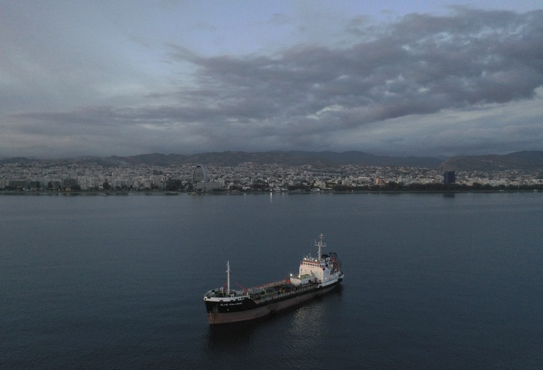 The tanker Island Challenger is moored off the coast of the Mediterranean port of Limassol. Cyprus