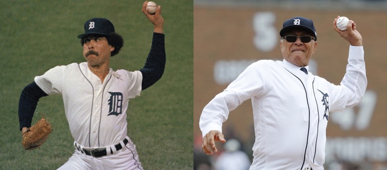 Willie Hernandez on the mound during the fifth game of the World Series against the San Diego Padres in 1984 and throwing out a ceremonial first pitch in 2019.