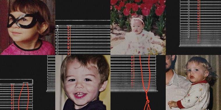 Photo illustration of children who were strangled by window covering cords and an illustration of inner and outer window covering cords on slated window blinds.