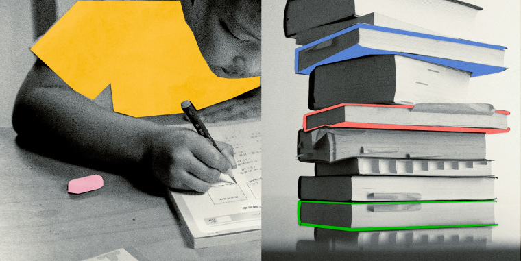 Photo Illustration: A child doing homework next to a large stack of books