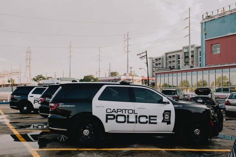 Capitol Police cars outside Fondren Corner in Jackson, Miss., on June 2, 2023.