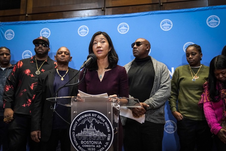 Image: Boston Mayor Michelle Wu issues a formal apology to Alan Swanson and Willie Bennett, 