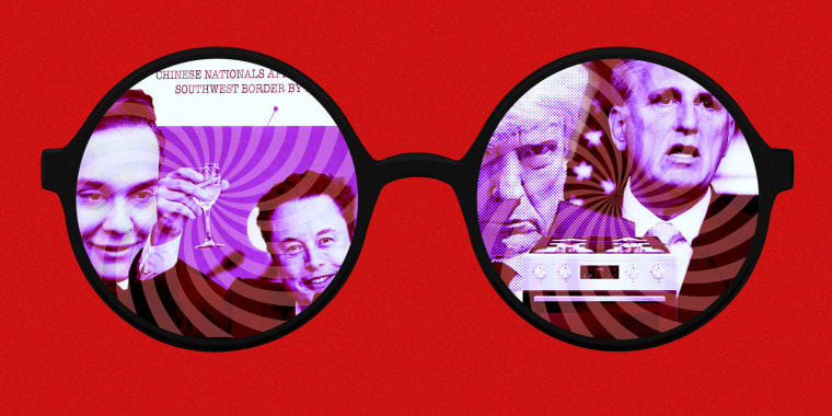 Glasses with swirls over images of George Santos, Trump, Kevin McCarthy, Elon Musk, and an Oven 
