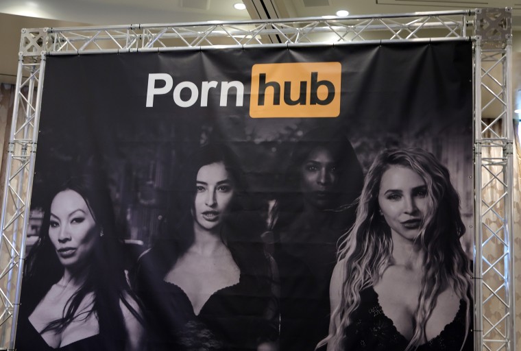 A sign hangs at the Pornhub booth at the 2023 AVN Adult Entertainment Expo