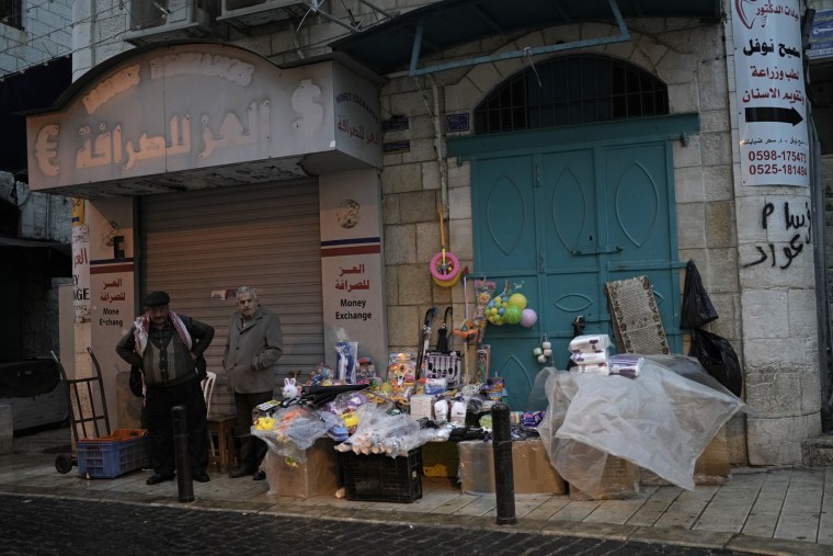 Souvenirs are displayed for sale near the Church of the Nativity, in Bethlehem,