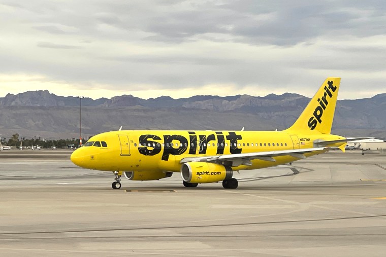 A Spirit Airlines 2005 Airbus A319-132 on the runway at McCarran International Airport in Las Vegas, on Oct. 24, 2021. 