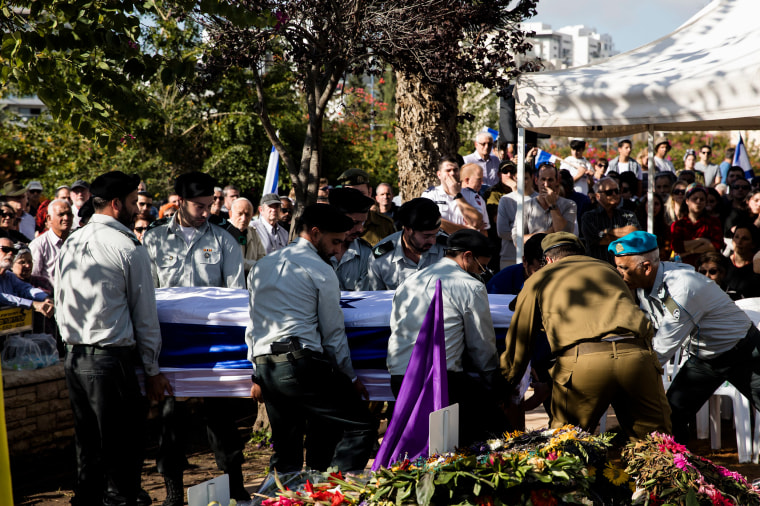 Israeli soldiers carry IDF Master Sgt. Nitai Meisels' coffin in Rehovot, Israel, today. Meisels, 30, an armored fighter in the 14th Brigade, was killed in the northern Gaza Strip. 