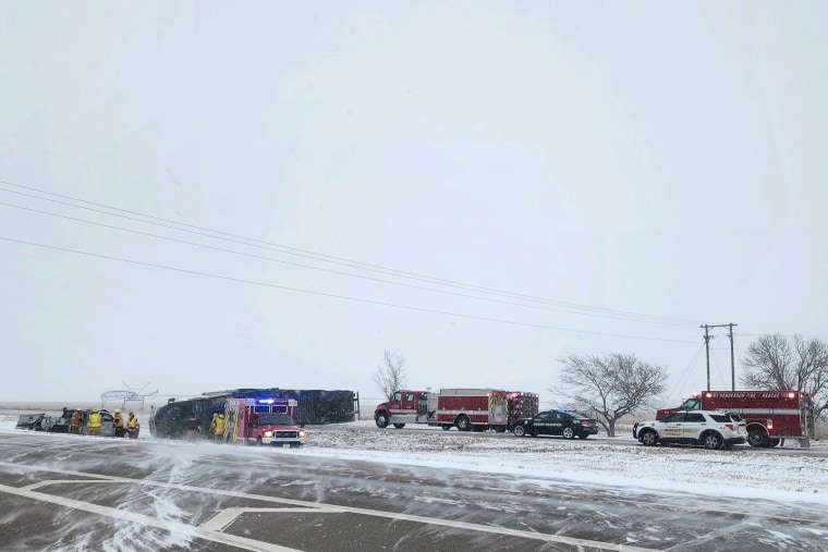 The Nebraska State Patrol said the storm was causing problems and posted pictures to social media of tractor-trailers that had partly slid off the road.
