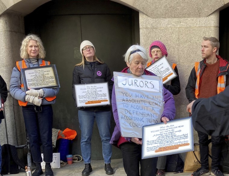 Trudi Warner, 68, and supporters outside the Old Bailey in central London on April 4, 2023. 