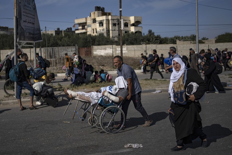 Crowds flee Bureij, in the Gaza Strip.
