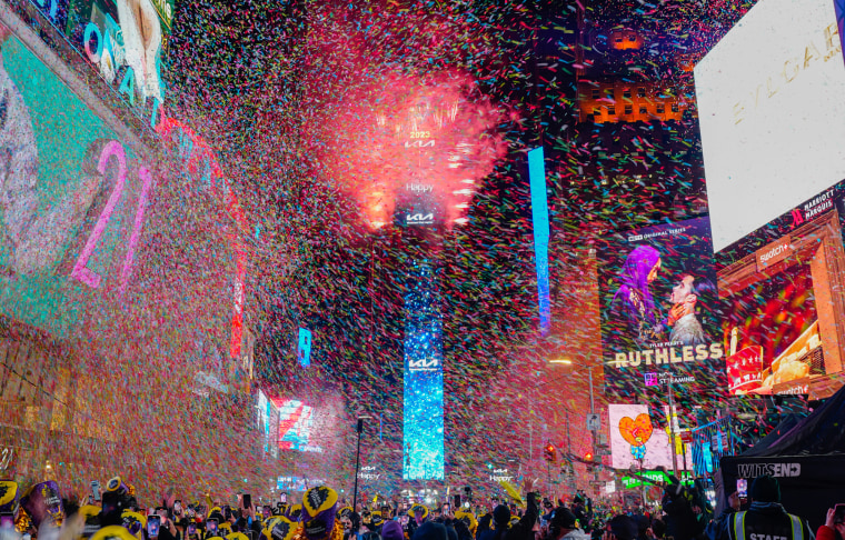 Confetti fills the air after the ball drop in Times Square in New York on Jan. 1, 2023.