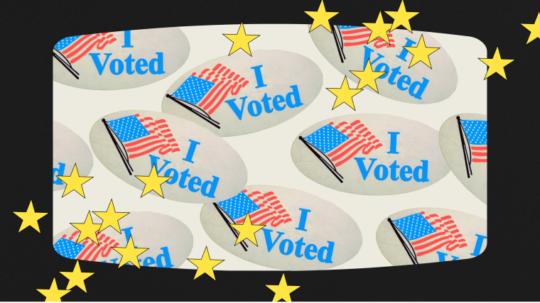 Photo illustration of a TV screen showing "I voted" stickers and stars.