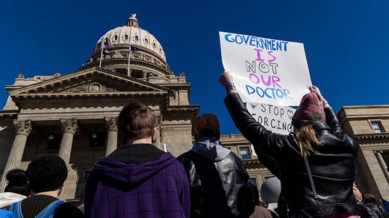 People gather in front of the Idaho Capitol to oppose anti-transgender legislation in Boise,