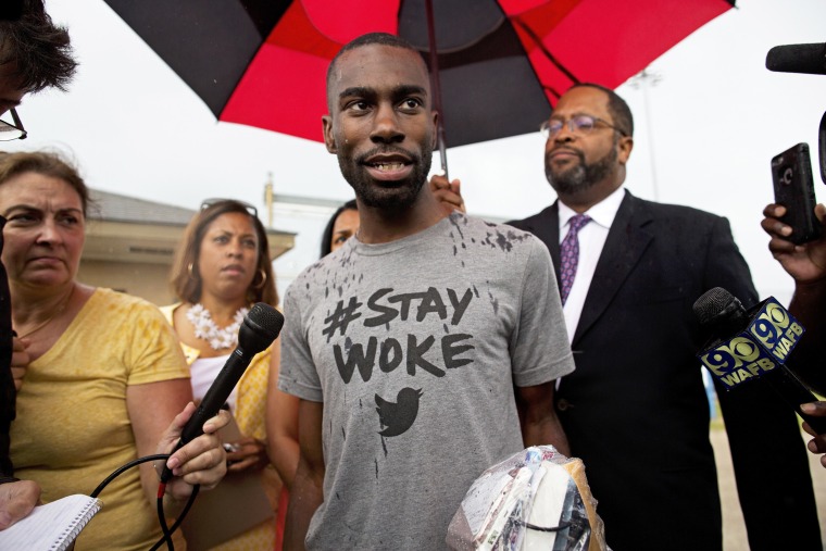 Image: DeRay Mckesson, a Black Lives Matter activist, is released from jail in Baton Rouge, La., in 2016. 