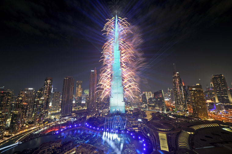 Fireworks explode at the Burj Khalifa, the world's tallest building, during the New Year's celebration in Dubai on Monday.