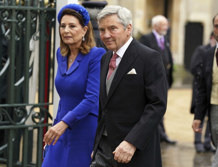 Michael and Carole Middleton arrive at Westminster Abbey ahead of the coronation of King Charles III and Camilla, the Queen Consort, in London, Saturday, May 6, 2023. 