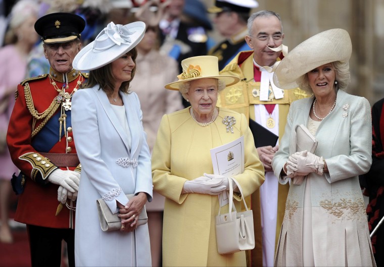Prince Phillip, Carole Middleton, Queen Elizabeth II and Camilla, Duchess of Cornwall stand outside of Westminster Abbey after the Royal Wedding of Prince William and Kate Middleton in London.