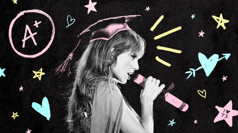 Illustration of Taylor Swift performing wearing a graduation cap and a diploma as a microphone.