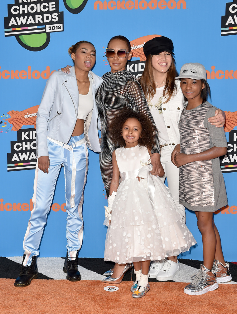 Phoenix Chi Gulzar, Mel B, Madison Brown Belafonte, Giselle Belafonte, and Angel Iris Murphy Brown attend Nickelodeon's 2018 Kids' Choice Awards at The Forum on March 24, 2018 in Inglewood, California.