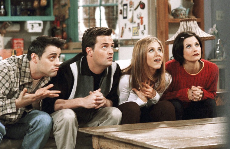 Matt Le Blanc as Joey, Matthew Perry as Chandler, Jennifer Aniston as Rachel, and  Courteney Cox as Monica in "Friends."