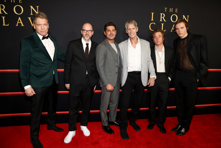 Holt McCallany, Sean Durkin, Zac Efron, Kevin Von Erich, Jeremy Allen White and Stanley Simons at the Los Angeles "Iron Claw" premiere on Dec. 11, 2023.
