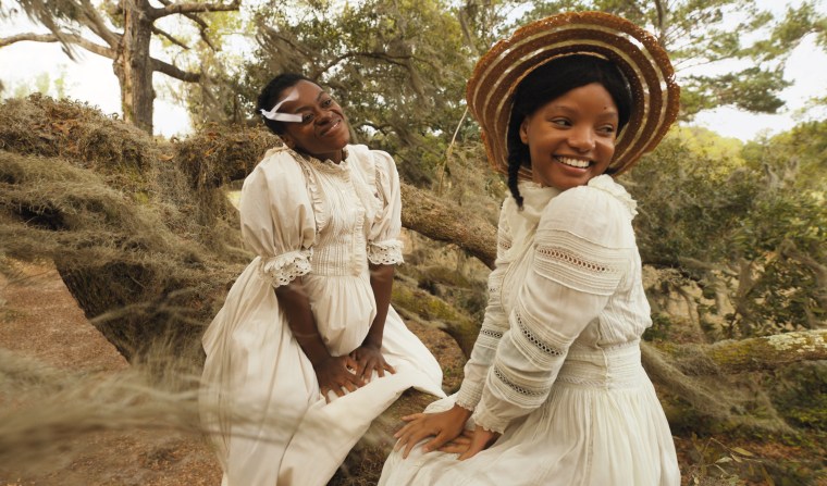 Phylicia Pearl Mpasi as Young Celie and Halle Bailey as Young Nettie in "The Color Purple."