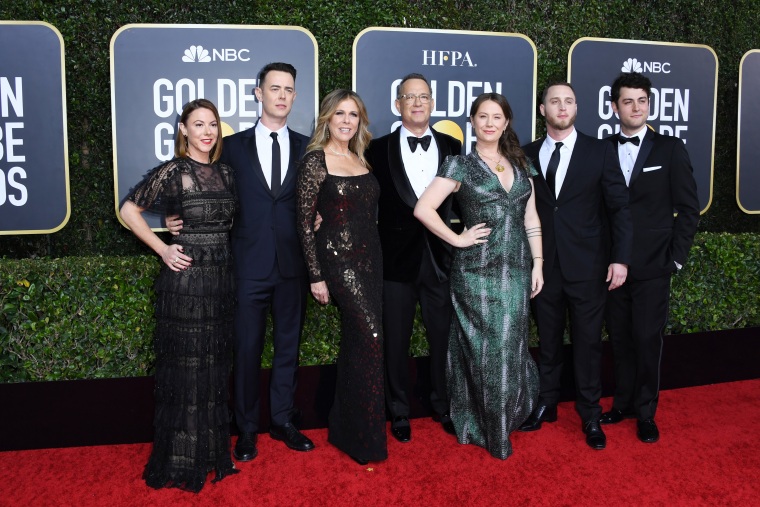 Colin Hanks' wife Samantha Bryant, Colin Hanks, Rita Wilson, Tom Hanks, Elizabeth Ann Hanks, Chet Hanks and Truman Theodore Hanks at the Golden Globe Awards at The Beverly Hilton Hotel on Jan. 5, 2020.